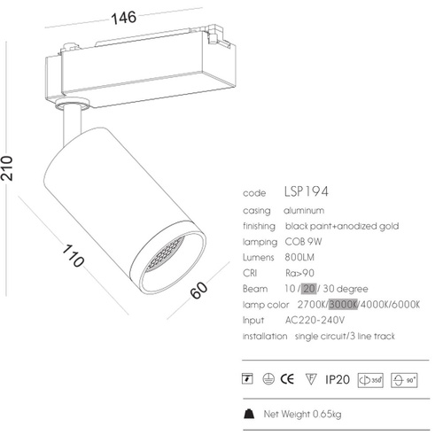 Lampa szynowa reflektor czarno złoty LSP194