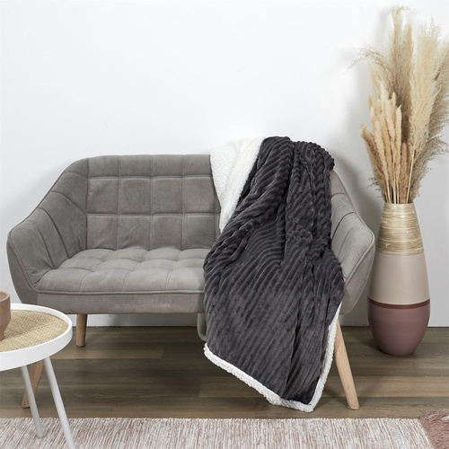 Koc Sherpa szary 180x220cm prążkowany